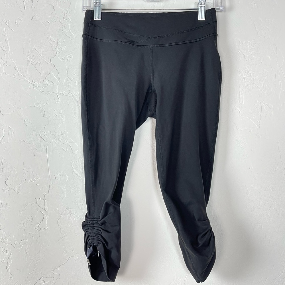 Lucy Leggings Hatha Collection Crop Capri‎ Solid Black Ruched Ankle Tie Powermax